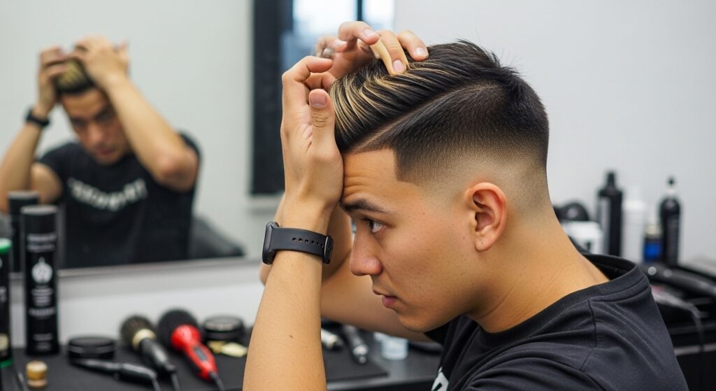 Man applying hair product to mid fade hairstyle
