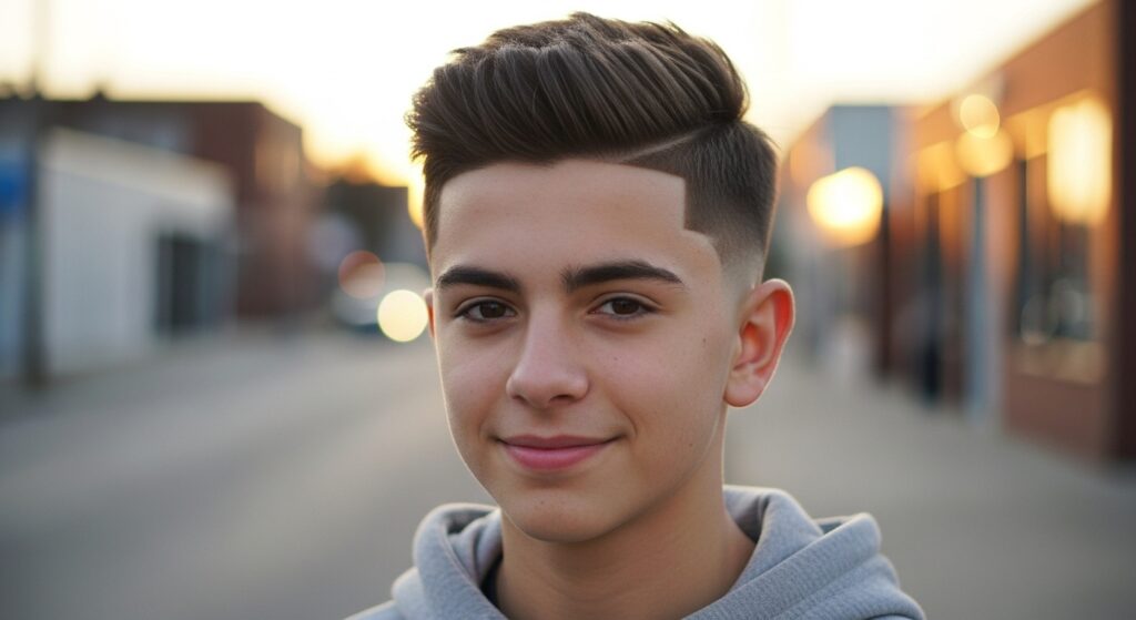 Image idea: Teen boy with short textured fade haircut Alt tag: Boys skin fade haircut with textured crop