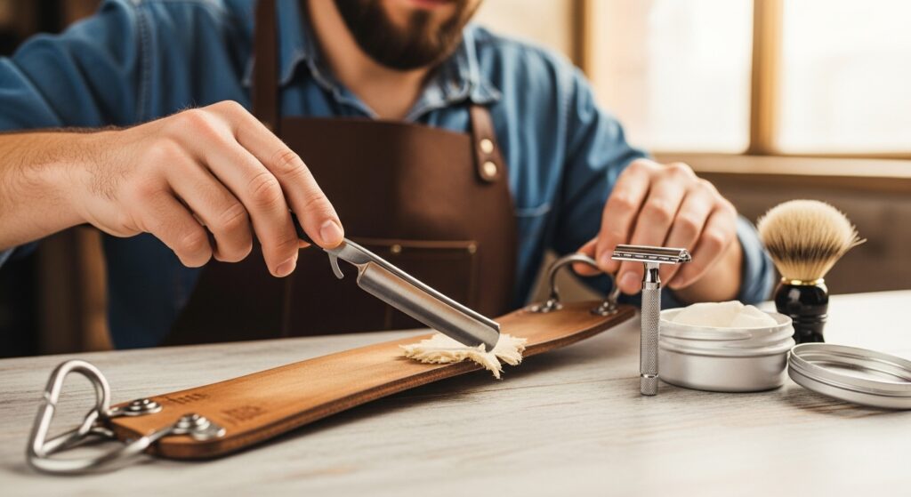 The man is using the leather strop with the safety razor in the background.
