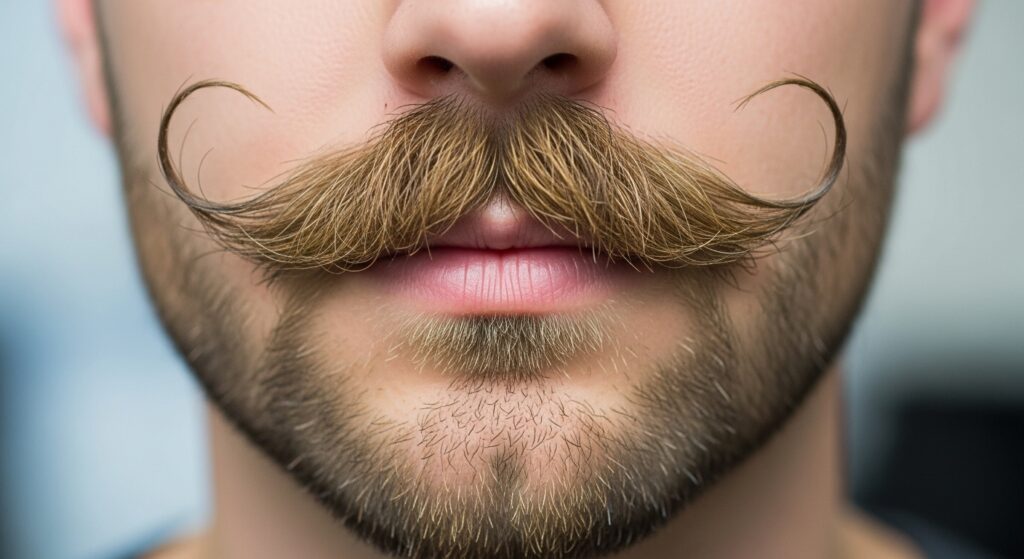 Tight shot of a nicely styled Van Dyke mustache and beard.