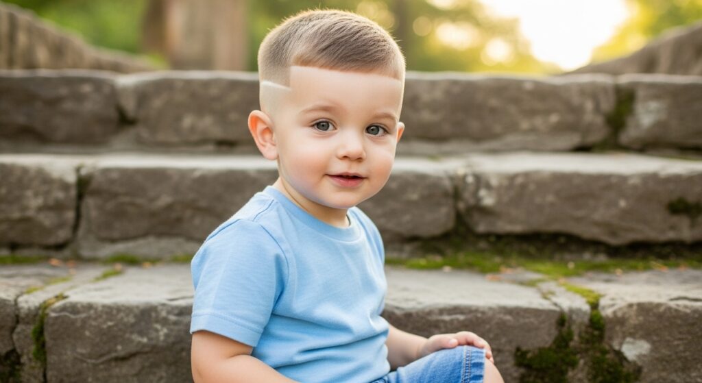 Toddler boy with fade buzz cut holding a toy on front steps