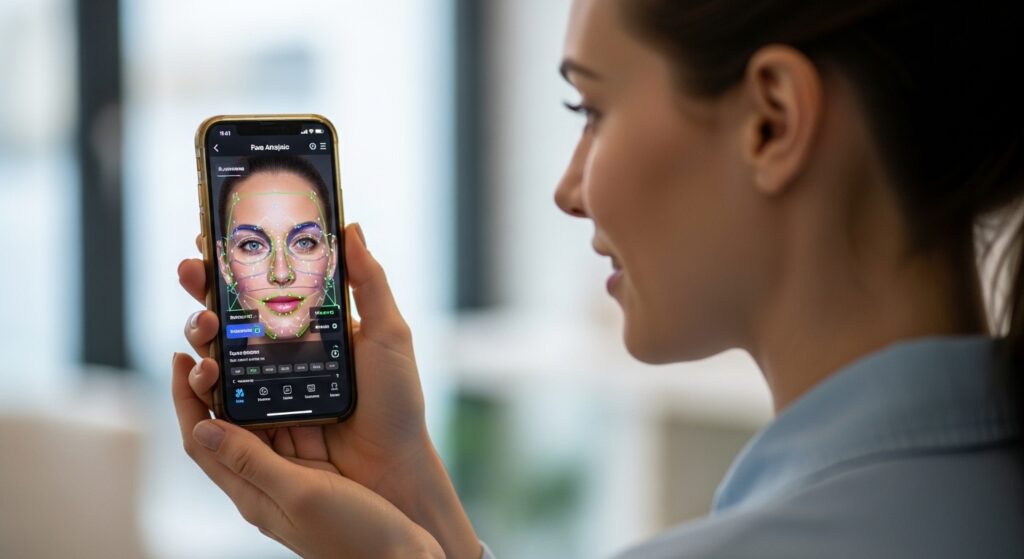 “woman using AI face shape analyzer app”)
