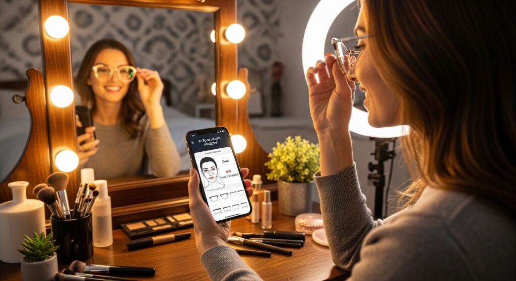 Woman sitting at a vanity table, holding a phone with an AI face shape analyzer result displayed, smiling while trying on glasses.