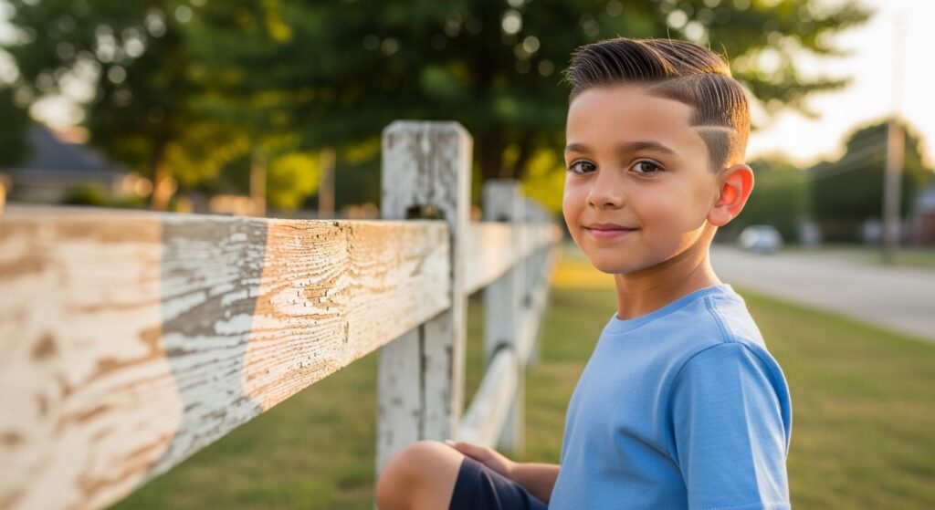 Little boy with low taper fade kids haircut in a casual backyard scene