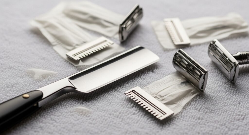 barber razor blade and safety razor blades on a towel