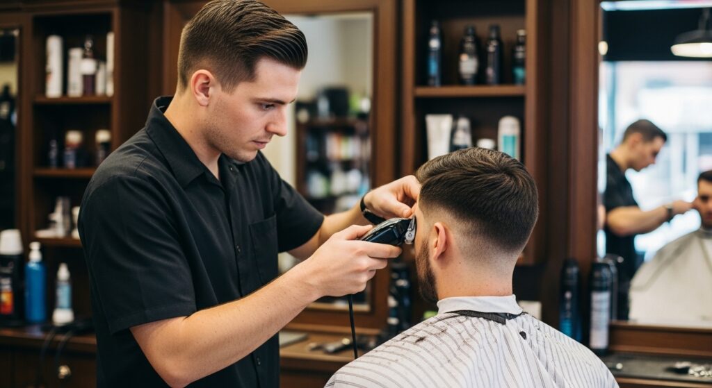coiffeur réalisant un taper bas homme