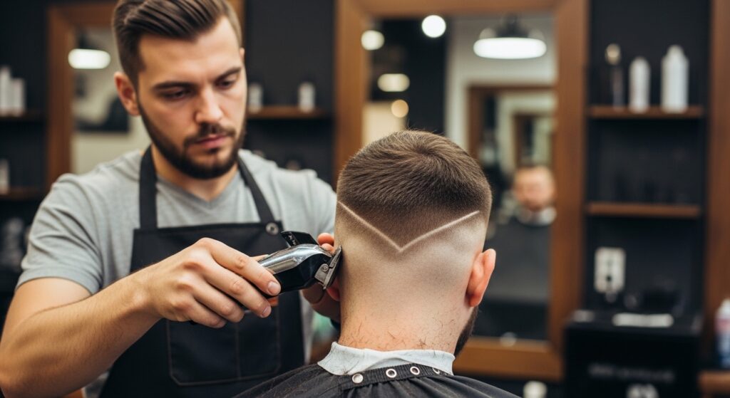A barber-first fade trimming at the man's neckline."/
