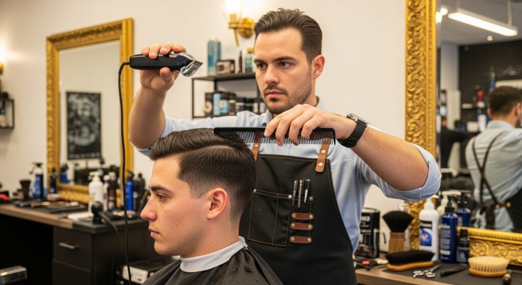 Barber is using clippers for cutting medium fade haircut.