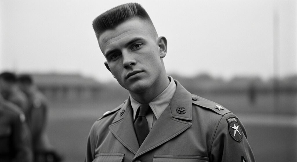 Military-inspired flat top haircut in the 1950s.