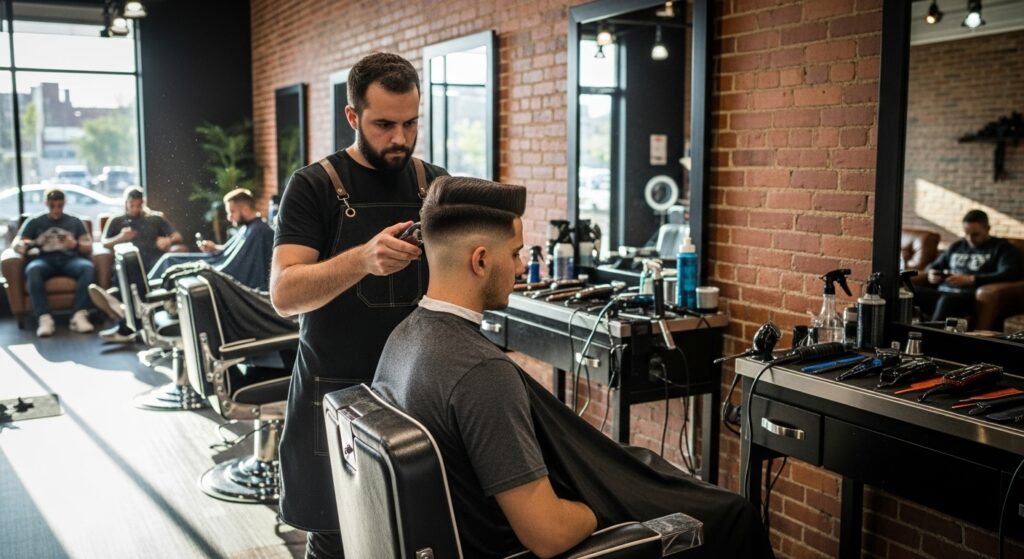 Barber styling a modern flat top haircut with fade.