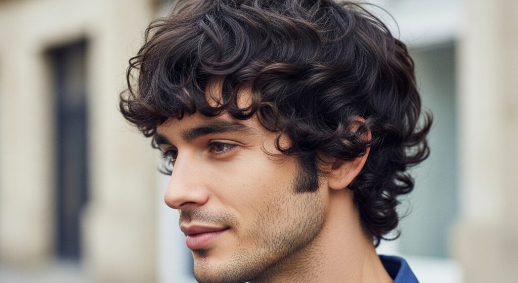 Image Idea (women): A curly-haired man with wolf cut bangs, soft fringe blending into layered curls, retro vibe.
Alt Tag: “curly wolf cut men with bangs retro style”