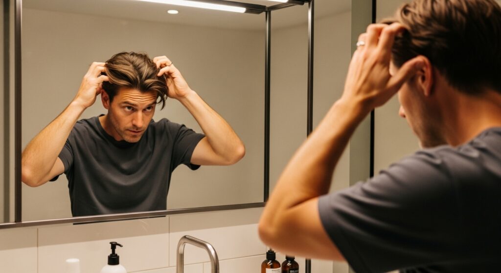 man styling medium length layered haircut.