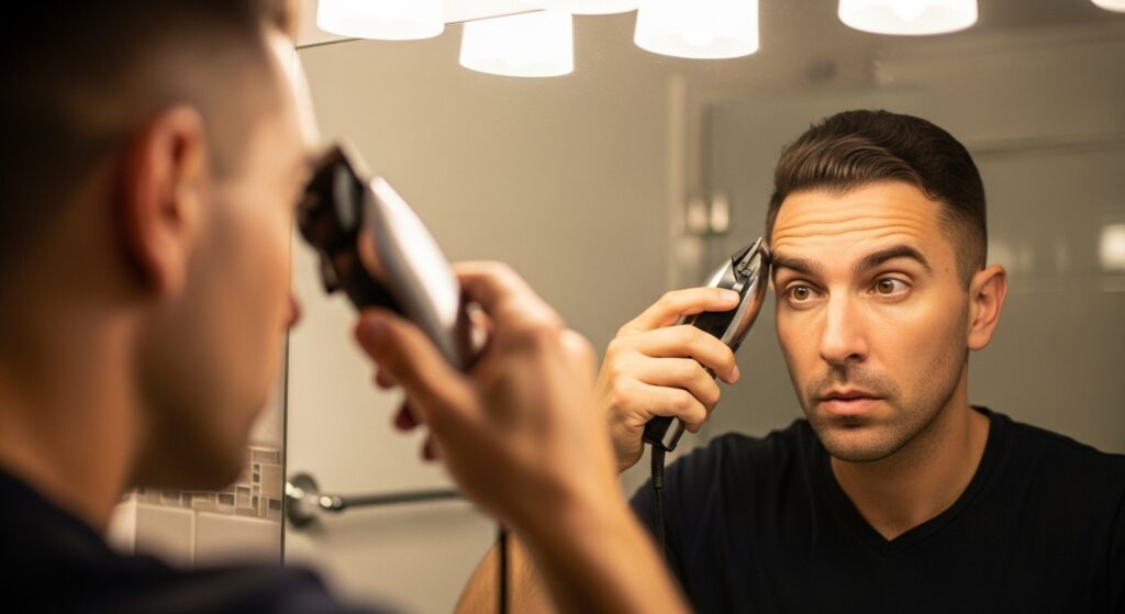 Man shaping his hairline with clippers at home.