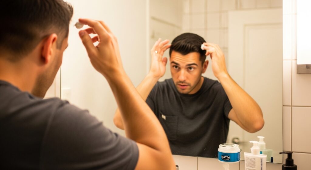 Man with a medium fade haircut and hair clay is helping him to style.