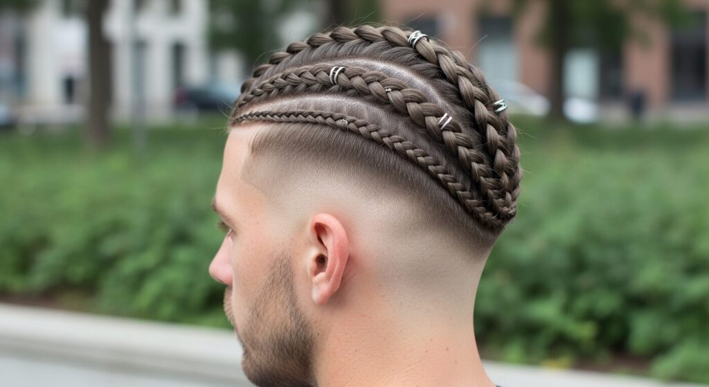 a man whose sides are shaved and the top is braided in a way that resembles the Viking haircut
