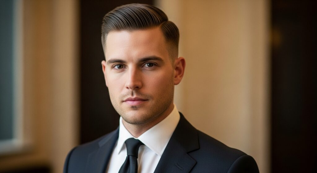  Men’s stylish professional haircut with a fade and a business suit.