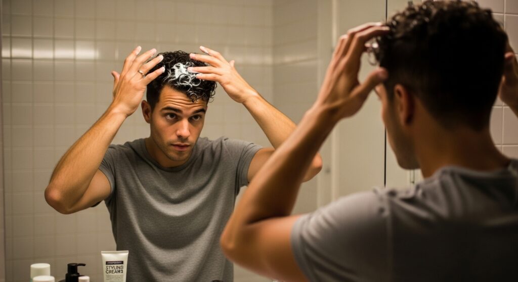 man applying leave-in cream on permed curls
