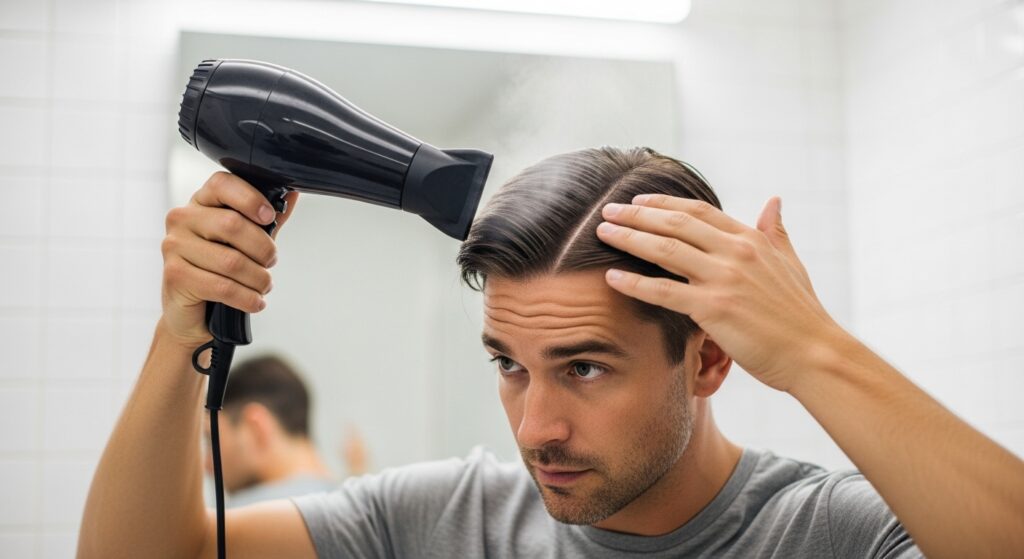 Hair on the medium length of a man is blow-dried into a middle part.