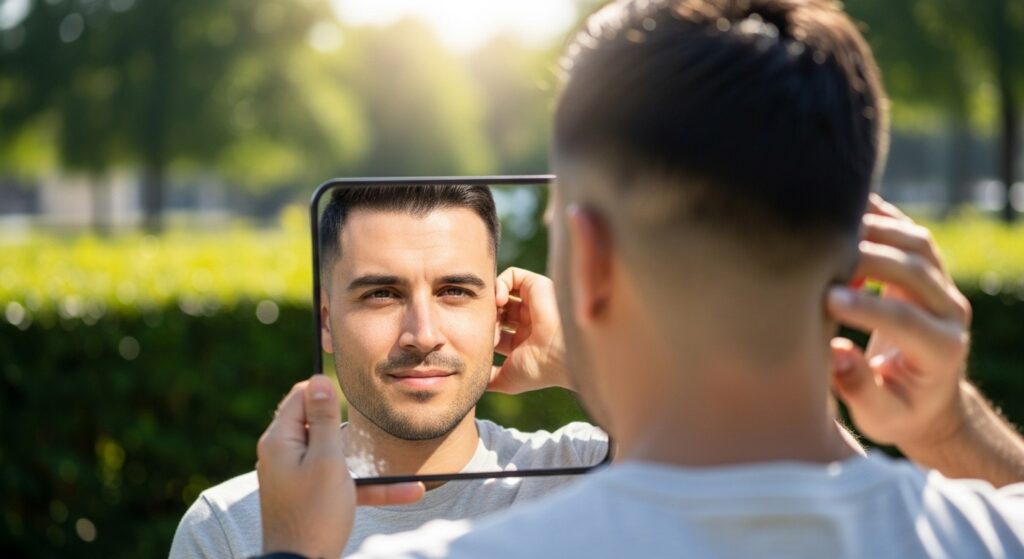  Examining hair lineup in natural lighting.