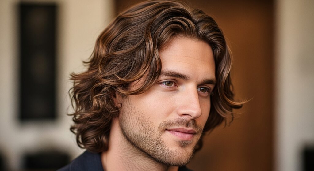 Wavy medium-length men's hairstyle with casual middle part.