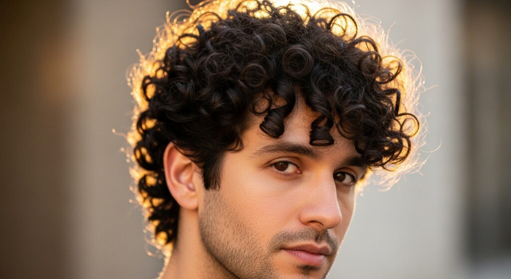Curly hair middle part haircut styled with natural definition.