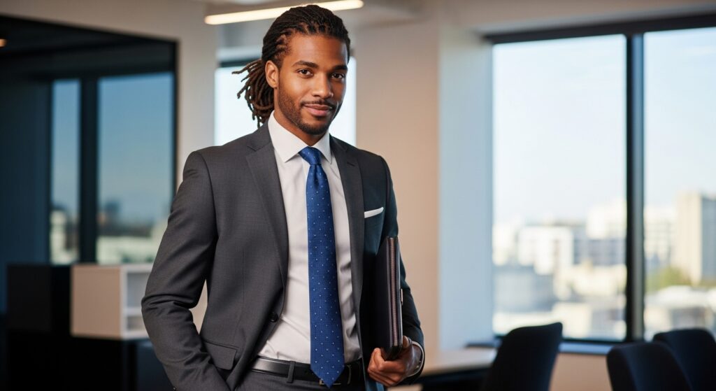 Professional hairstyle with natural locs on a businessman.