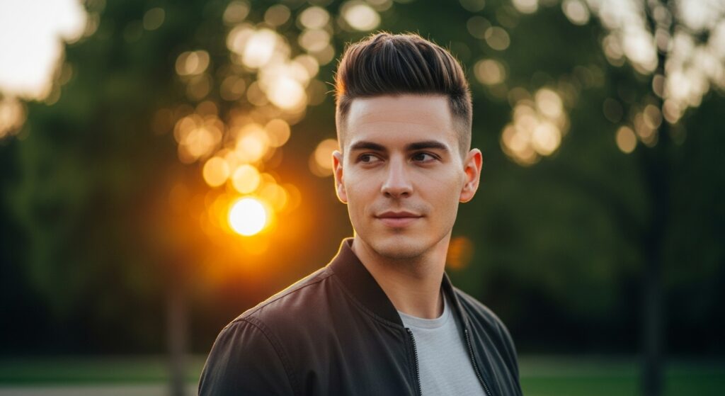 young male with brush up hairstyle and casual vibe.