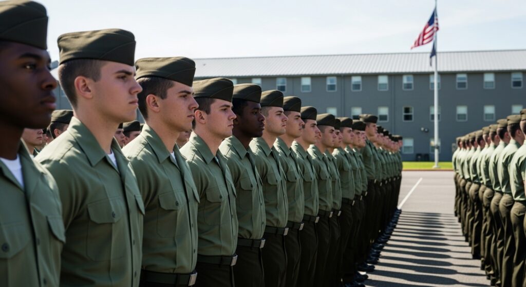 Soldiers lined up with flat top haircuts.