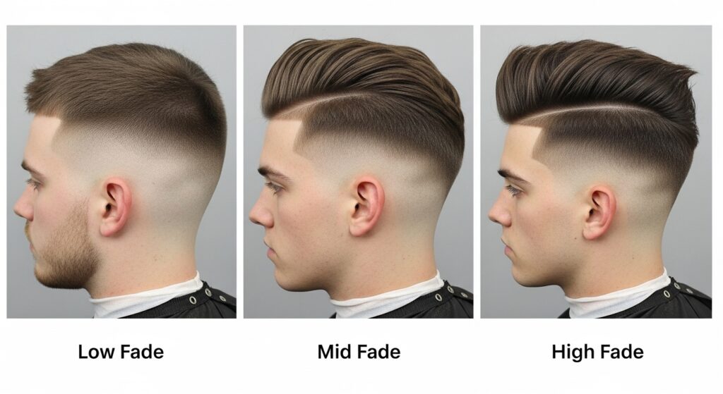 Comparison of low, mid, and high fade haircuts on men."