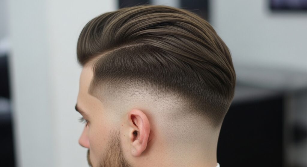 Side swept undercut back view men’s haircut.