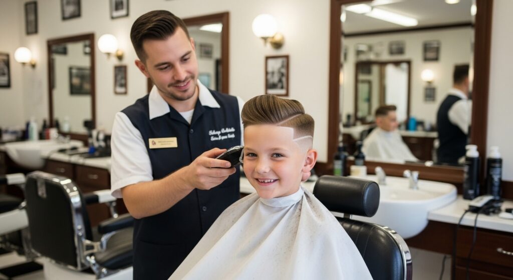 boy in barber chair getting ice cream scoop hairstyle.