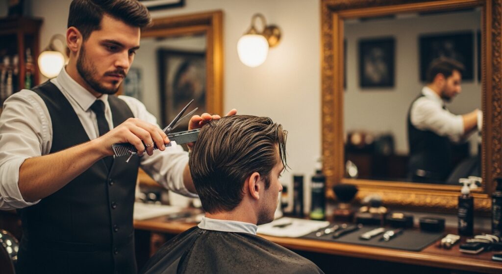 A barber is cutting the hair of a man in the middle part with layers.