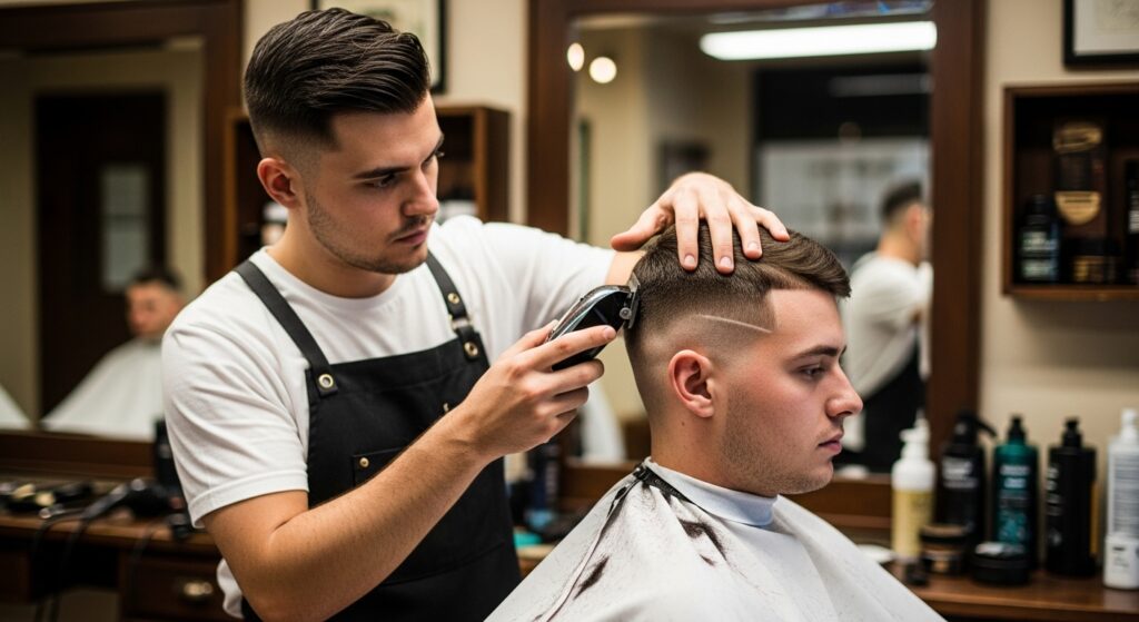 Barber trimming layered men’s hair for middle part upkeep