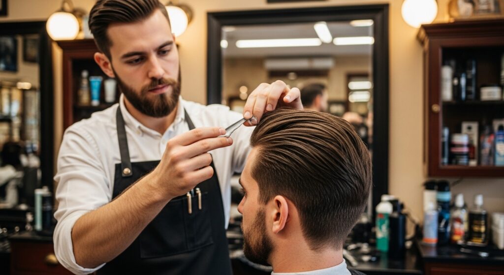 barber applying matte clay to medium hair for styling.
