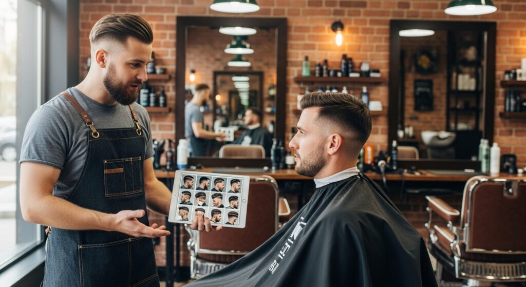 stylist showing hairstyle options to male client