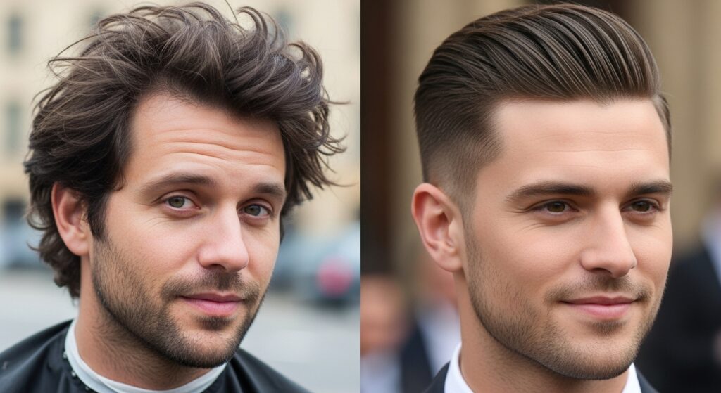 Contrast between unkempt and tidy hairstyle for men.