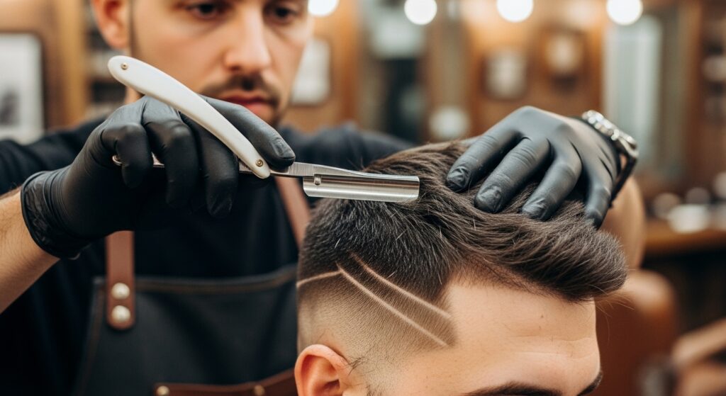  Barber detailing a crisp hairline with trimmers.