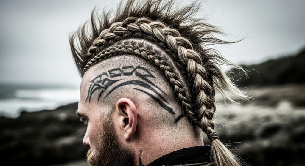 braided Viking haircut with shaved sides and beard