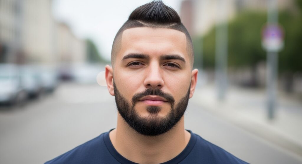short taper faux hawk with beard