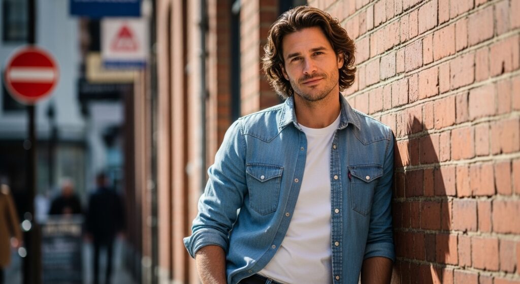 Medium hairstyle for men with wavy hair and diamond face.