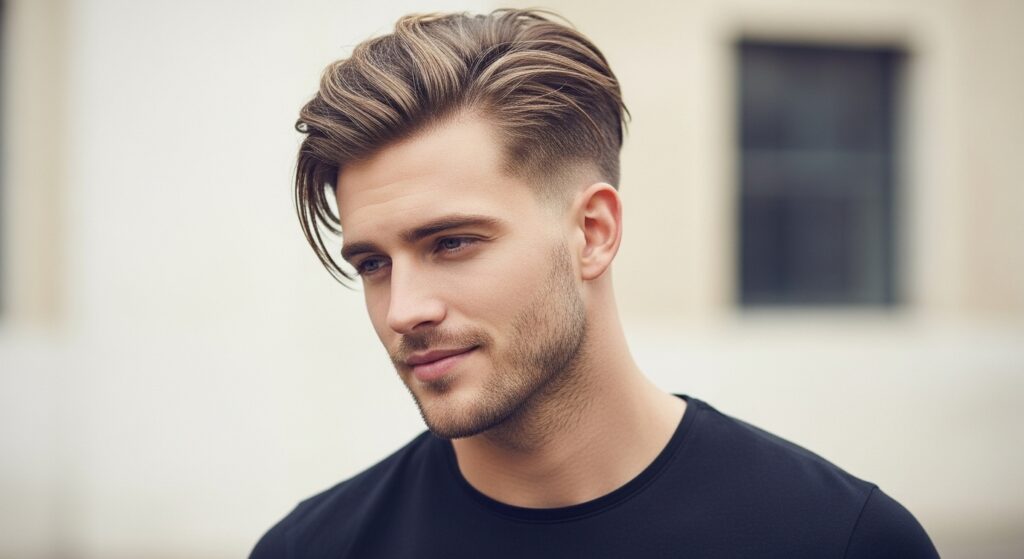 Image Idea: Man in his late 20s with medium side swept undercut, styled loosely with natural texture.

Alt Tag: Side swept undercut male with natural styling.