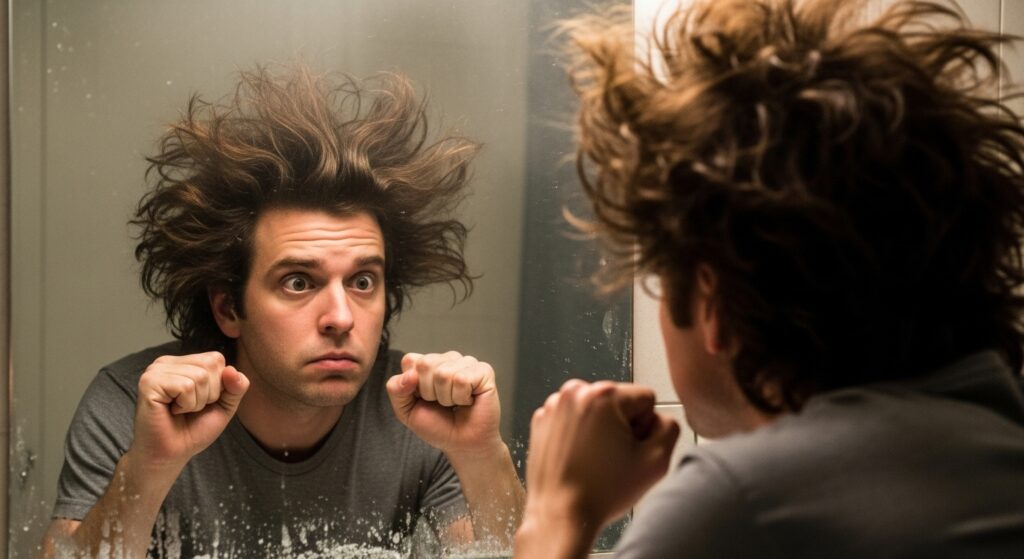 man unhappy with frizzy perm result