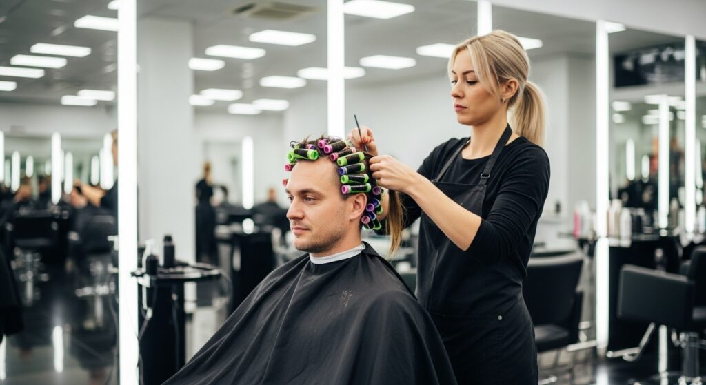 male stylist preparing perm rods in salon