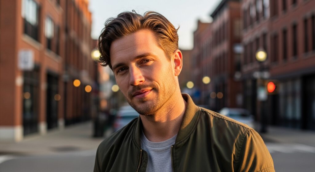 Man with medium side part hairstyle.