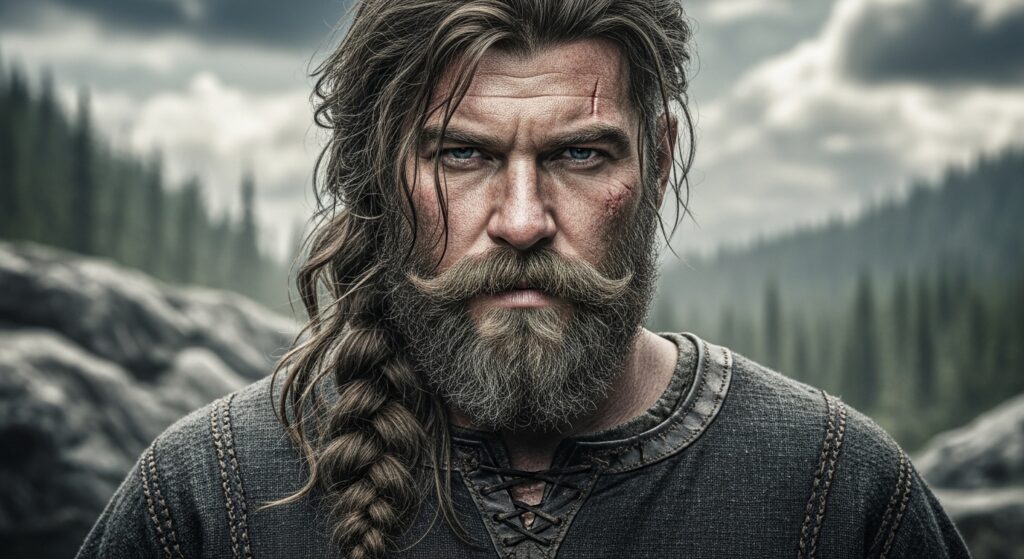 long Viking-inspired hairstyle with loose braid