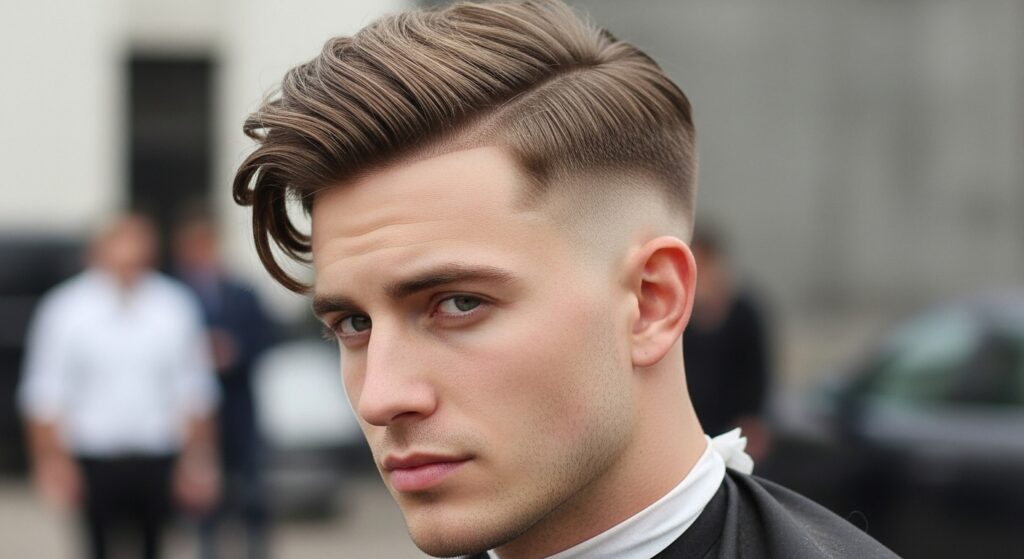 Medium side swept undercut hairstyle male.