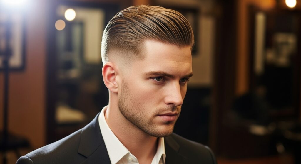 Image Idea: Men’s classic undercut styled with pomade, slicked back.
Alt Tag: Classic men’s undercut hairstyle slicked back.