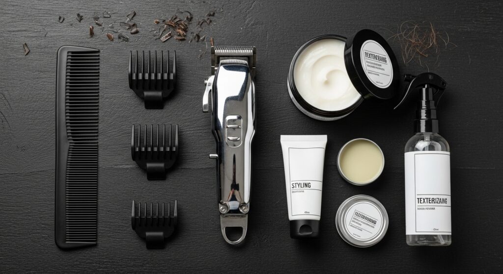 Men’s grooming tools for a fade haircut maintenance.