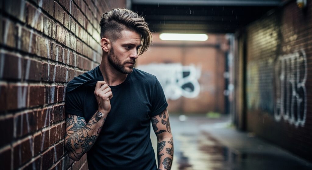 Image Idea: Messy side swept undercut male leaning on wall.
Alt Tag: Messy side swept undercut men’s hairstyle.