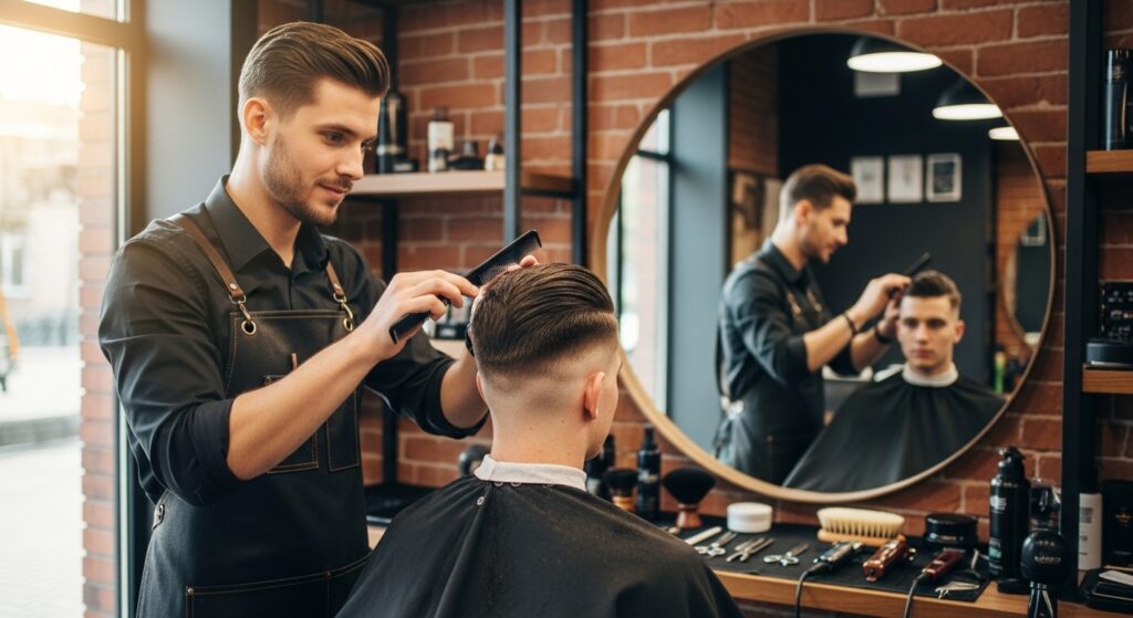 Barber combing through a man’s hair during a haircut.